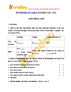 Đề thi học kì II môn Tiếng Anh Lớp 8 - Năm học 2018-2019